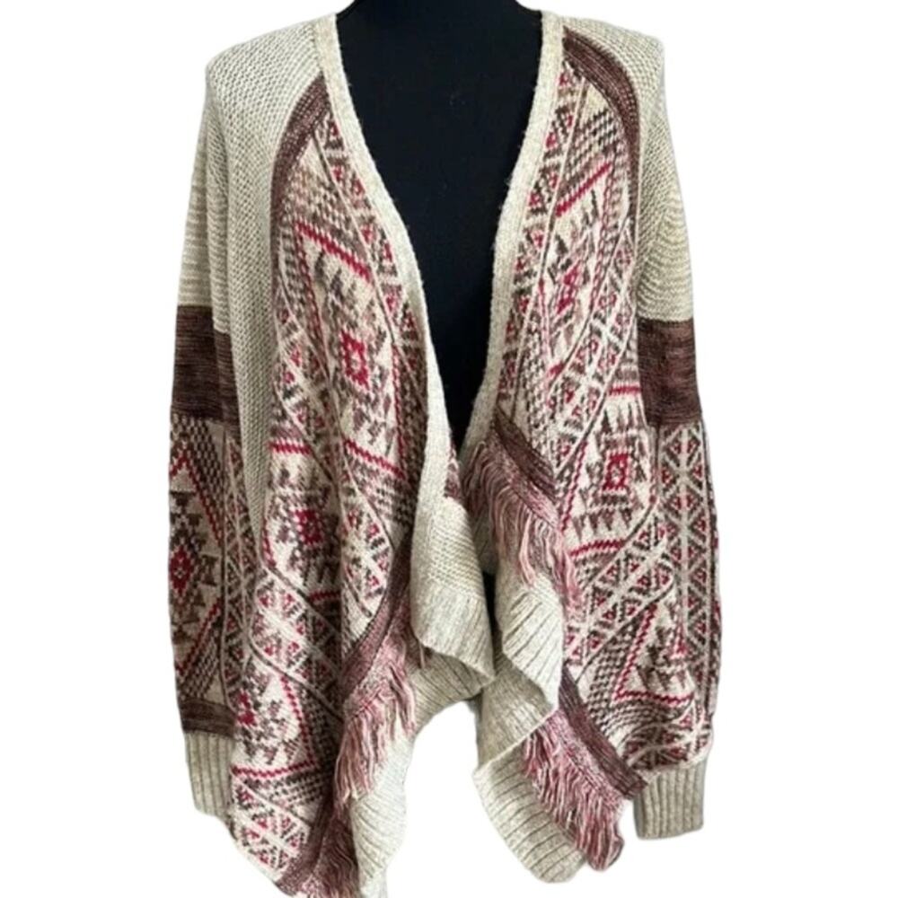 Lucky Brand Cardigan Sweater Women’s Size M Neutral Aztec Pattern Open Front - Picture 2 of 10